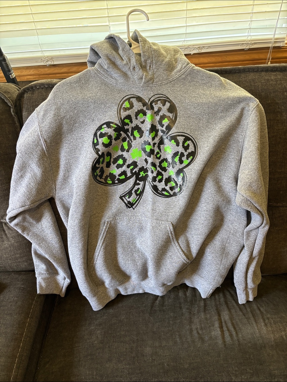 Gildan Gray Hoodie with Green & Black Leopard Shamrock